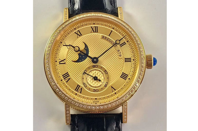 Breguet Classique 4396 Complicated YG Diamond Bezel Gold Textured Dial Leather Strap Cal.5165R