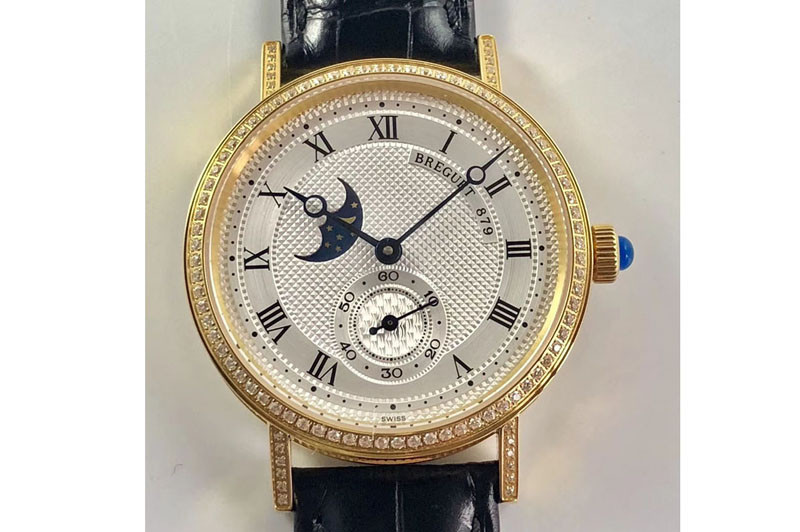 Breguet Classique 4396 Complicated YG Diamond Bezel White Textured Dial Leather Strap Cal.5165R