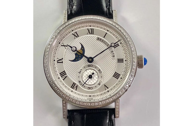 Breguet Classique 4396 Complicated SS Diamond Bezel White Textured Dial Leather Strap Cal.5165R