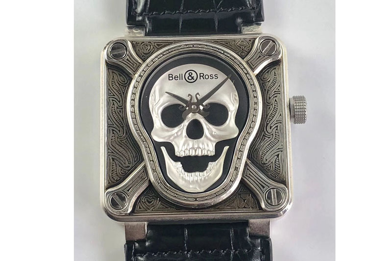 Bell & Ross BR01-92 Burning Skull Tattoo Watch Silver Dial on Black Leather Strap 23J