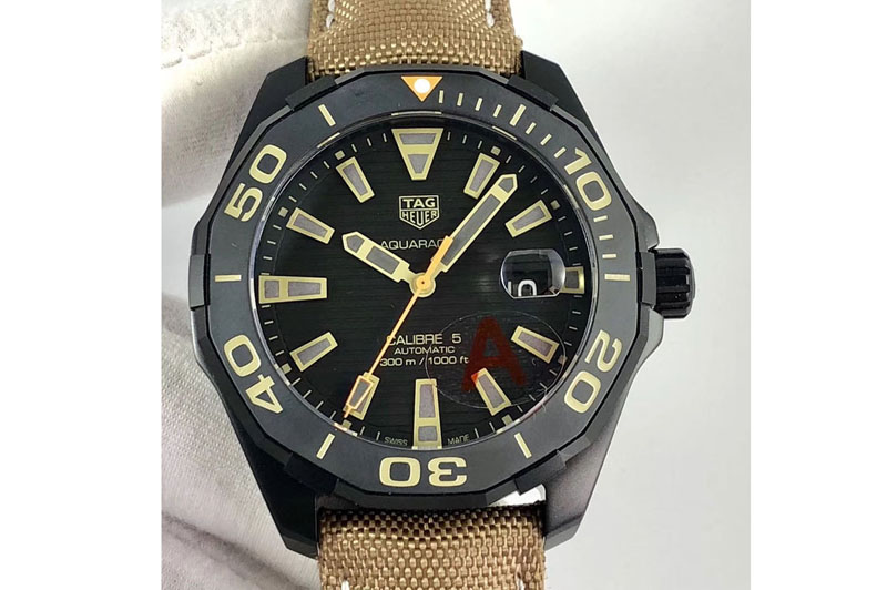 Tag Heuer AquaRacer Calibre 5 SS V6F 1:1 Best Edition Black Textured Dial on Brown Nylon Strap A2824