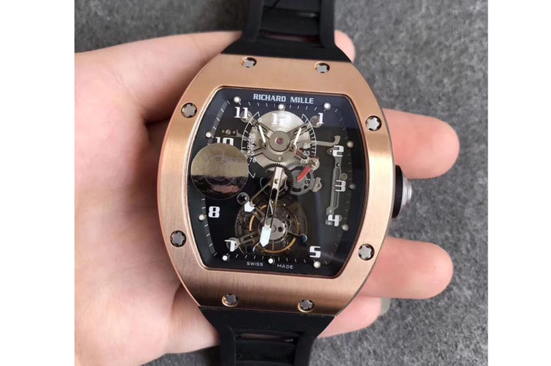 Richard Mille RM001 RG Real PR JBF SS Bezel Skeleton Dial on Black Rubber Strap Asian Tourbillon