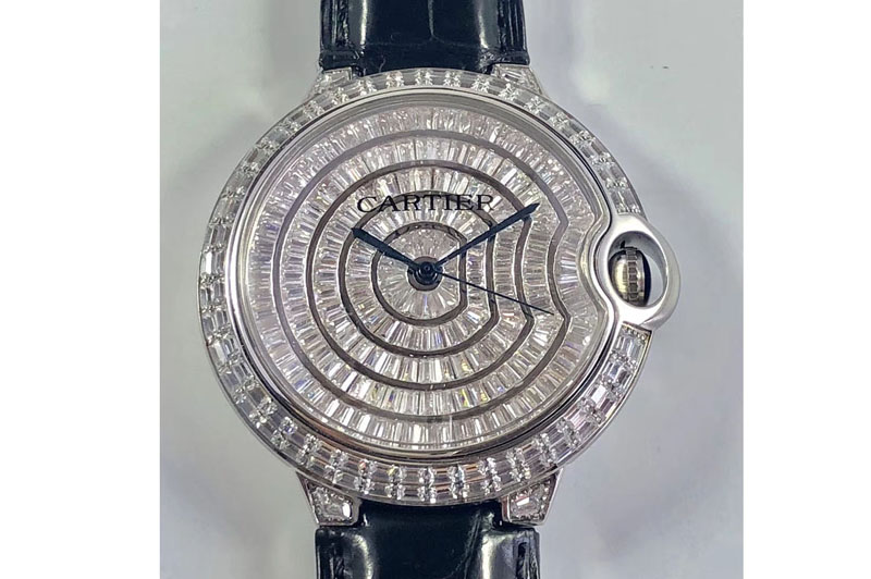 Cartier Ballon Bleu T Diamond SS Full Paved Diamonds Dial on Black Croco Strap Miyota 9015(Free Brown Leather)