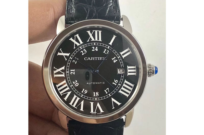 Ronde Solo de Cartier 42mm ZF 1:1 Best Edition Black Dial on Black Leather Strap MIYOTA 9015