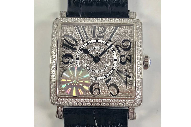 Franck Muller Master Square SS Ladies GF 1:1 Best Edition Full Paved Diamonds Dial on Black Leather Strap Swiss Quartz