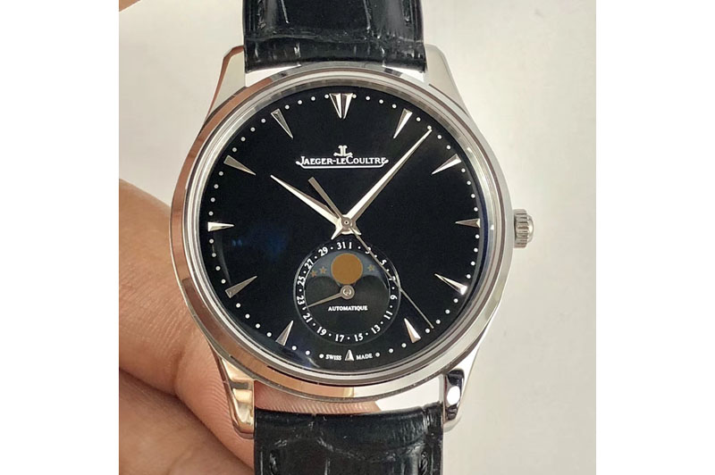 Jaeger-LeCoultre Master Ultra Thin Moon SS ZF 1:1 Best Edition Black Dial on Black Leather Strap A925