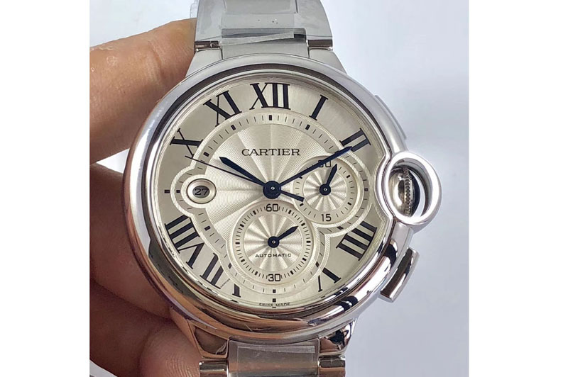 Ballon Bleu De Cartier Chrono 44mm SS White Textured Dial SS Bracelet A7750 to A8101