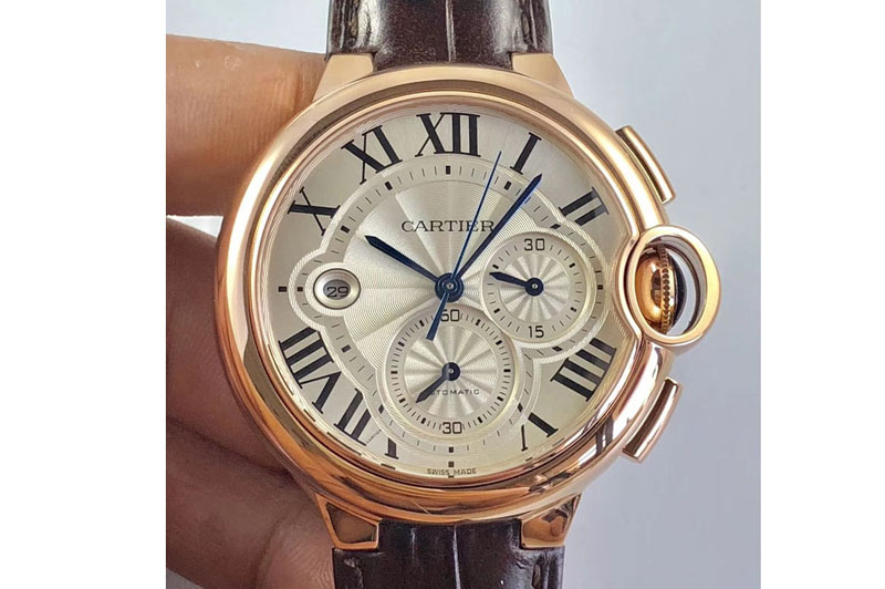 Ballon Bleu De Cartier Chrono 44mm RG White Textured Dial Brown Leather Strap A7750 to A8101