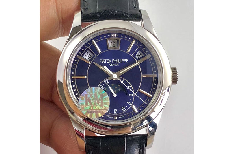 Patek Philippe Classic 5205 Moonphase SS Blue Dial on Black Leather Strap Miyota 9015
