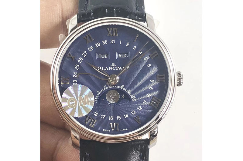 Blancpain Villeret 6654 SS Complicated Function OMF V2 1:1 Best Edition Black Dial on Blue Leather Strap A6654