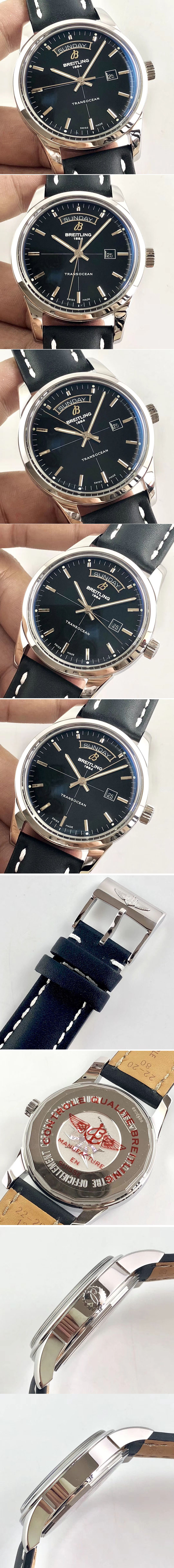Replica Breitling Transocean Day & Date Automatic SS Black Dial on Black Leather Strap A2836 Watches