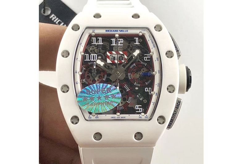 Richard Mille RM011 Carbon Case (Blue markers) Chronograph KVF 1:1 Best Edition White Ceramic Bezel Skeleton Dial
