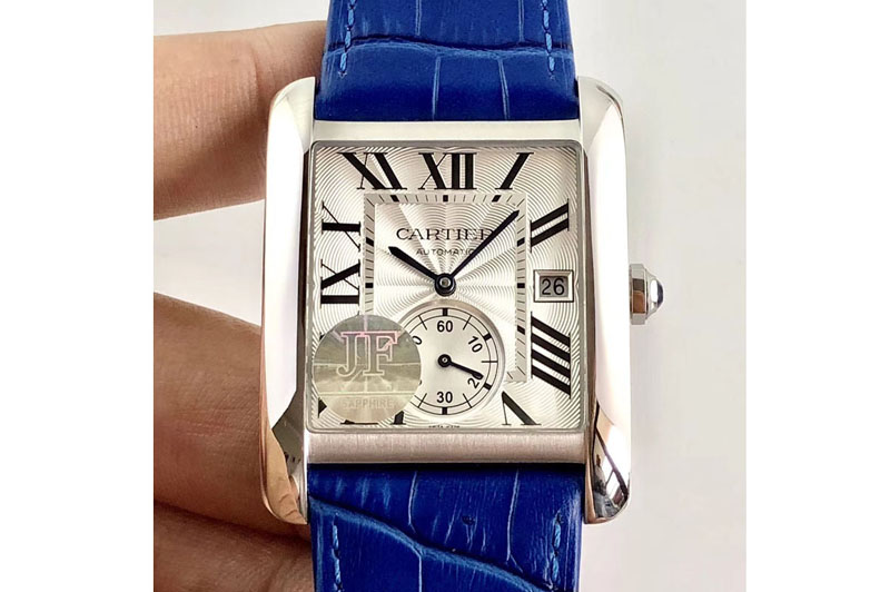 Cartier Tank MC SS JF 1:1 Best Edition White Textured Dial on Blue Leather Strap A23J