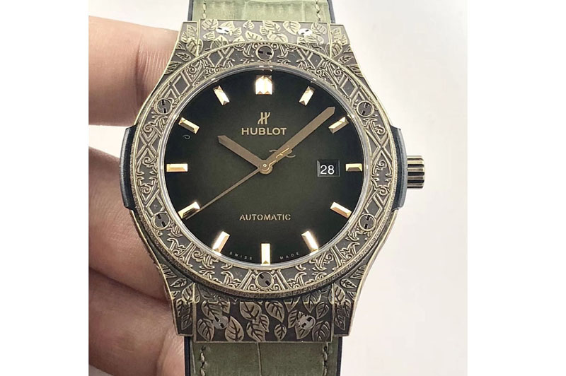 Hublot Classic Fusion 45mm YG Engravings Case SRF Best Edition Green dial On Green Gummy Strap A2892(Free box)