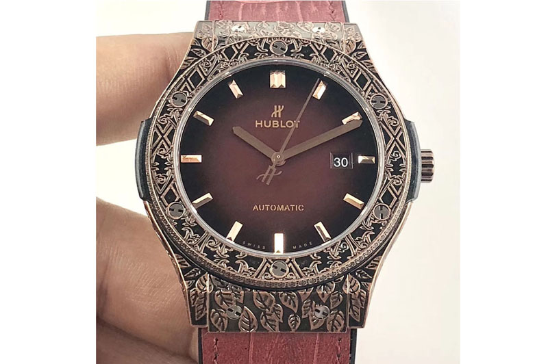 Hublot Classic Fusion 45mm RG Engravings Case SRF Best Edition Red dial On Red Gummy Strap A2892(Free box)