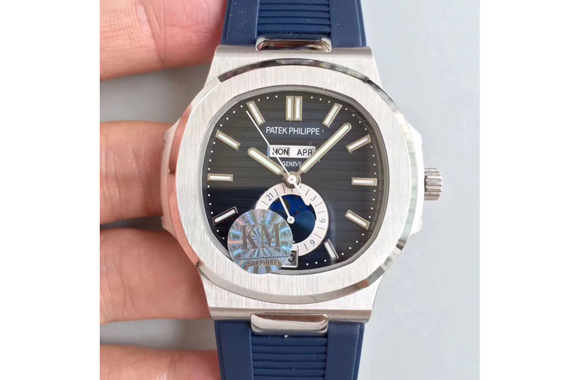Patek Philippe Nautilus Moonphase SS V2 KMF Blue Dial On Blue Rubber Band Calendar Movement