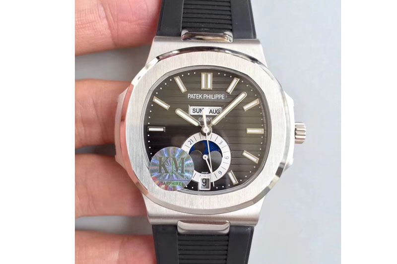 Patek Philippe Nautilus Moonphase SS V2 KMF Black Dial On Black Rubber Band Calendar Movement