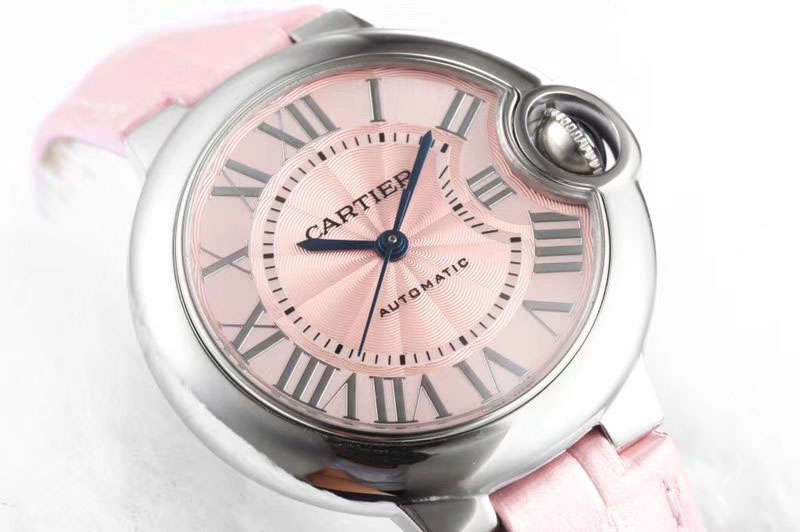 Cartier Ballon Bleu 33mm SS AF 1:1 Best Edition Pink Textured Dial on Pink Croco Leather Strap Cal.076