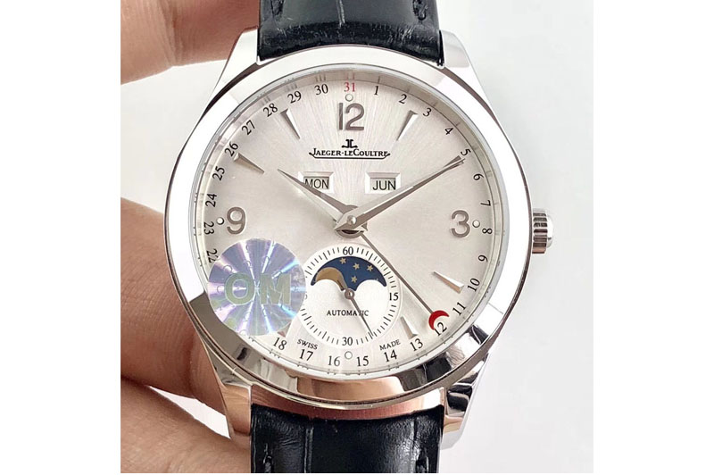 Jaeger-LeCoultre Master Calendar Moonphase SS OMF 1:1 Best Edition Silver Dial on Black Leather Strap A866/1