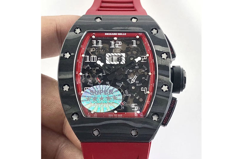 Richard Mille RM011 Carbon Case Chronograph KVF 1:1 Best Edition Carbon Case Bezel Skeleton Dial on Red Rubber Strap A7750