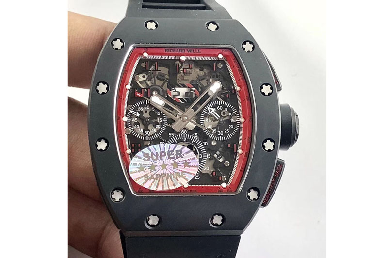 Richard Mille RM011 Carbon Case Chronograph KVF 1:1 Best Edition Ceramic Bezel Skeleton Dial on Black Rubber Strap A7750