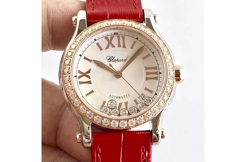 Chopard Happy Sport Medium Automatic 36mm 274808 RG/LE Diamond Bezel White Dial Red Leather Strap