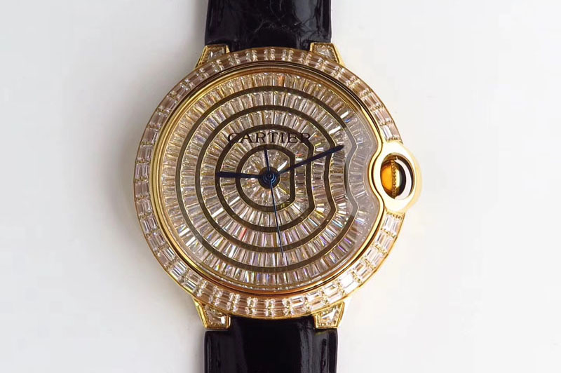 Cartier Ballon Bleu T Diamond YG Full Paved Diamonds Dial on Black Croco Strap Miyota 9015(Free Brown Leather)