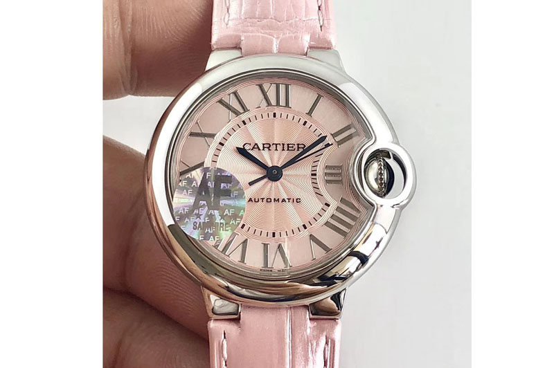 Cartier Ballon Bleu 33mm SS AF 1:1 Best Edition Pink Textured Dial on Leather Strap Automatic Watches