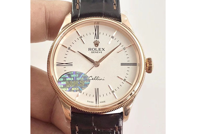 Rolex Cellini Time 50509 RG MKF V4 Best Edition White Dial Roman Marker on Brown Leather Strap A3132