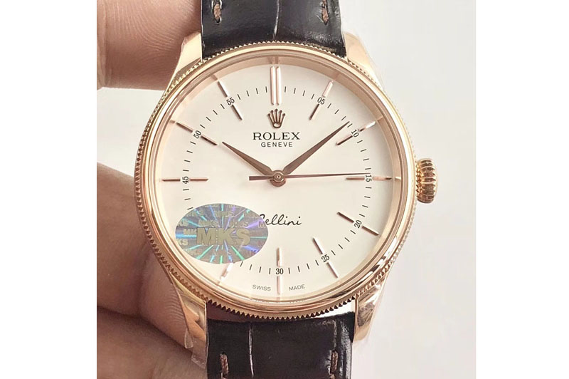 Rolex Cellini Time 50509 RG MKF V4 Best Edition White Dial Sticks Marker on Brown Leather Strap A3132