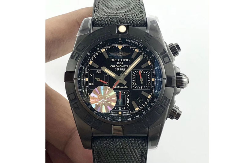 Breitling Chronomat 44mm Blacksteel GF 1:1 Special Edition Black Dial on Black Rubber Strap A7750
