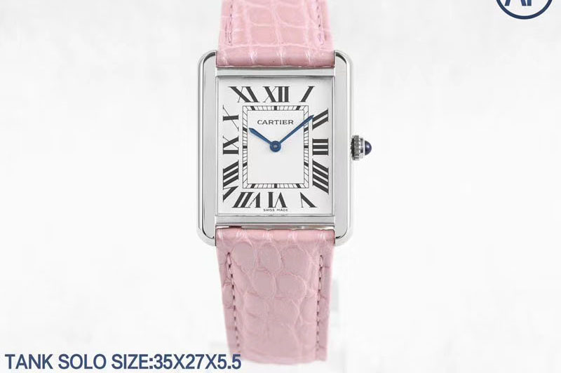 Cartier Tank Solo 35mm SS AF 1:1 Best Edition White Dial on Pink Leather Strap Ronda Quartz