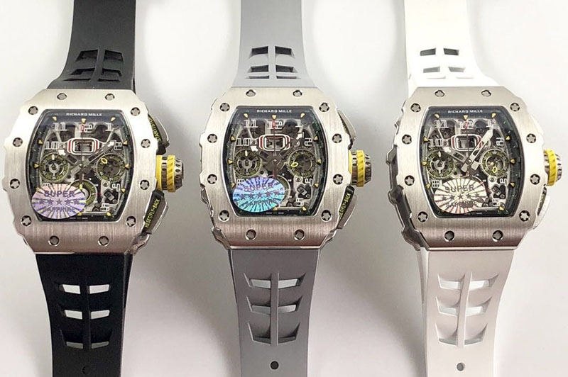 Richard Mille RM11-03 SS KVF 1:1 Best Edition Crystal Skeleton Dial on Gray/White/Black Racing Rubber Strap A7750