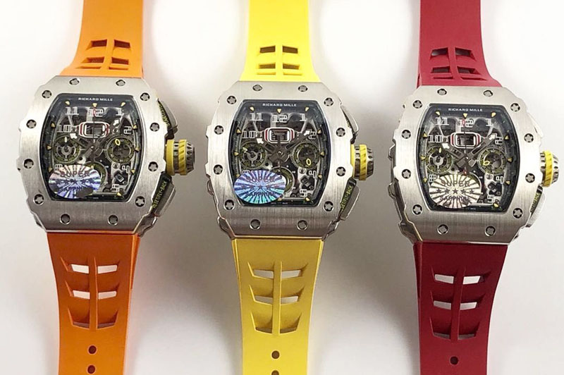 Richard Mille RM11-03 SS KVF 1:1 Best Edition Crystal Skeleton Dial on Orange/Red/Yellow Racing Rubber Strap A7750
