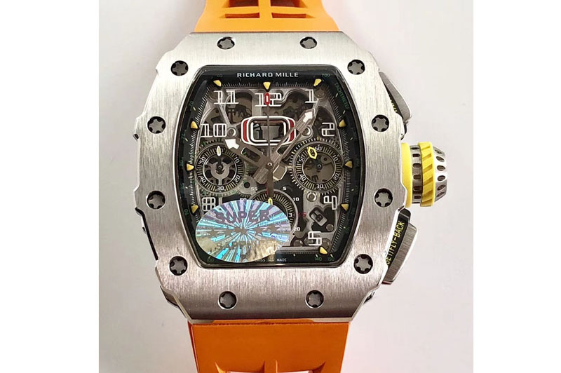 Richard Mille RM11-03 SS KVF 1:1 Best Edition Crystal Skeleton Dial on Orange Racing Rubber Strap A7750