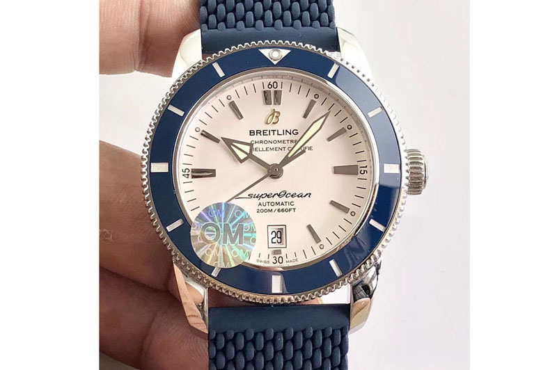 Breitling SuperOcean 42mm AB2010 SS OMF 1:1 Best Edition White Dial Blue Ceramic Bezel on Blue Rubber strap A2824