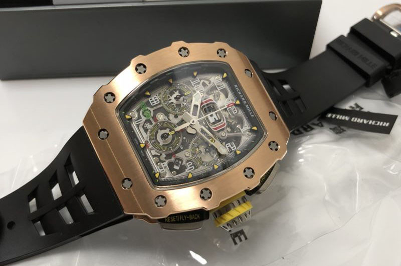 Richard Mille RM011 RG Chronograph Titanium KVF 1:1 Best Edition Crystal Skeleton Dial on Black Rubber Strap A7750