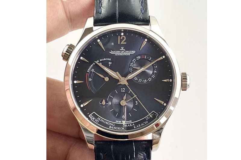 Jaeger-LeCoultre Master Geographic Real PR SS TW 1:1 Best Edition Blue Dial on Black Leather Strap A939