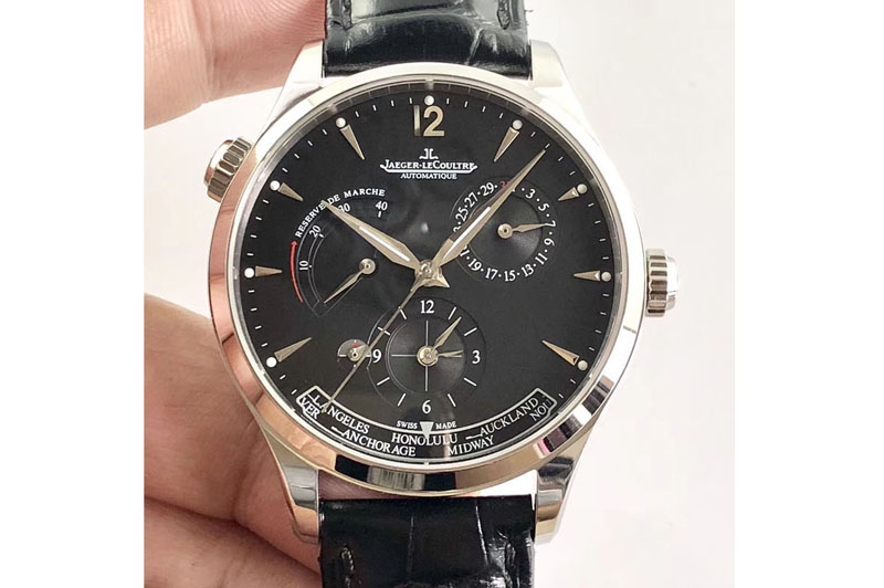 Jaeger-LeCoultre Master Geographic Real PR SS TW 1:1 Best Edition Black Dial on Black Leather Strap A939