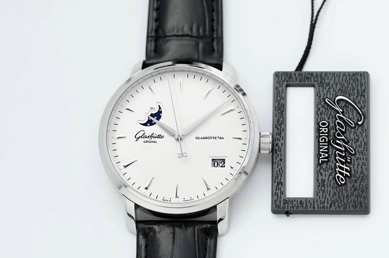 Glashutte Excellence Panorama Date Moon Phase SS ETC Marker 1:1 Best Edition White Dial on Black Leather Strap A100