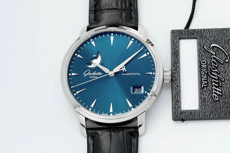Glashutte Excellence Panorama Date Moon Phase SS ETC Marker 1:1 Best Edition Blue Dial on Black Leather Strap A100