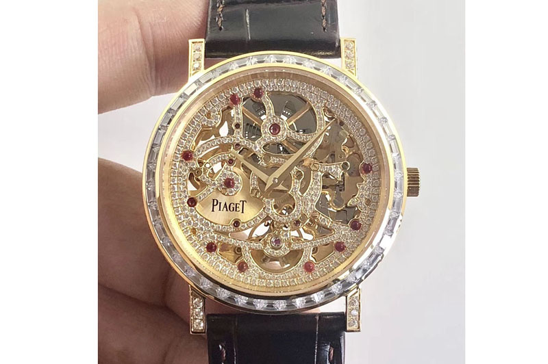 Piaget Tradition YG BBR Best Edition Diamond Paved Skeleton Dial on Black Leather Strap A23J