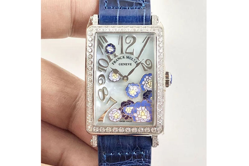 Franck Muller Long Island Ladies SS White MOP Dial Diamonds Bezel on Blue Leather Strap Jap Quartz