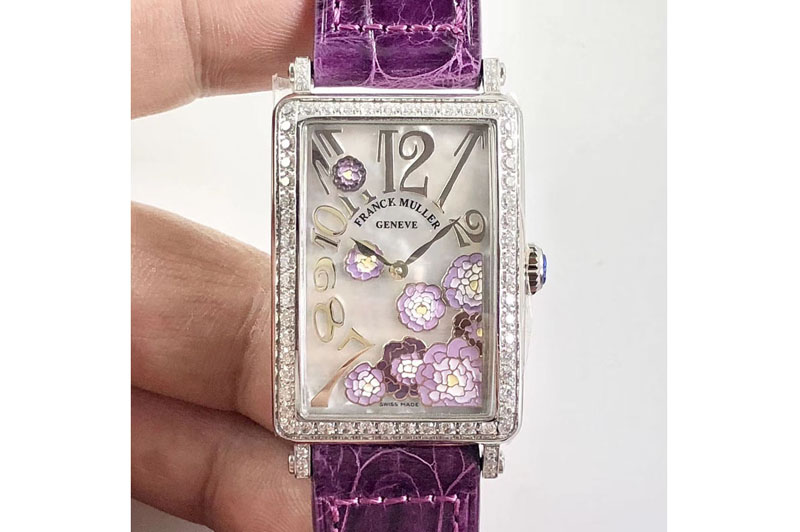 Franck Muller Long Island Ladies SS White MOP Dial Diamonds Bezel on Pureple Leather Strap Jap Quartz
