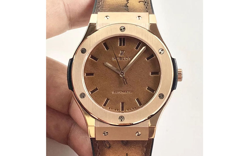 Hublot Classic Fusion 45mm RG Berluti Scritto Brown Leather Dial on Brown Gummy Strap A2892