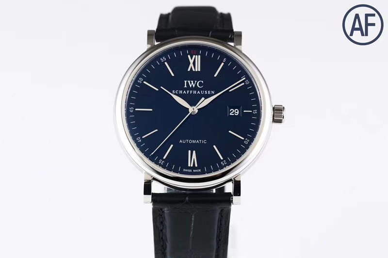 IWC Portofino Automatic SS AF 1:1 Best Edition Black Dial on Black Leather Strap A2892
