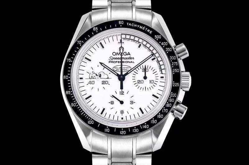 Omega Speedmaster SS Snoopy OMF Best Edition White Dial on SS Bracelet Manual Winding Chrono Movement