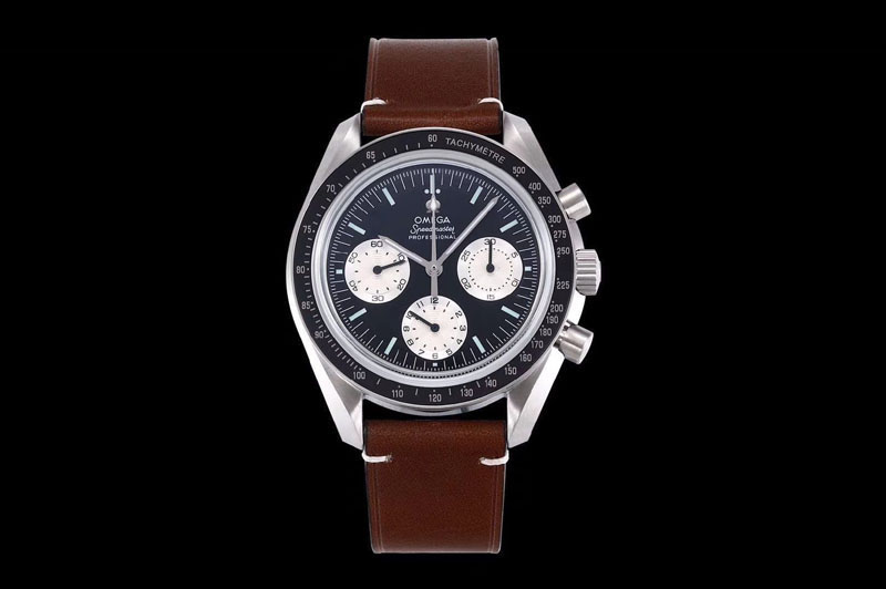 Omega Speedmaster SS “Speedy Tuesday” OMF Best Edition Black Dial on Brown Leather Strap Manual Winding Chrono Movement