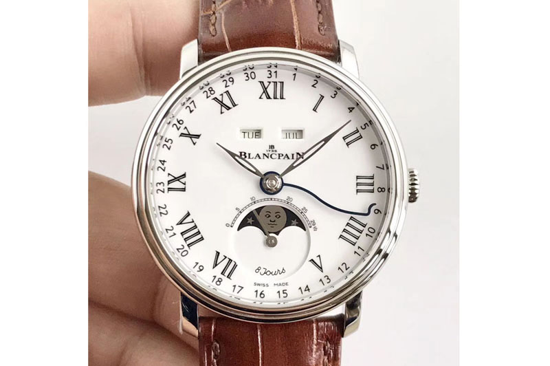 Blancpain Villeret Quantième Complet 8 Jours SS Complicated Function OMF 1:1 Best Edition White Dial on Brown Leather Strap A663