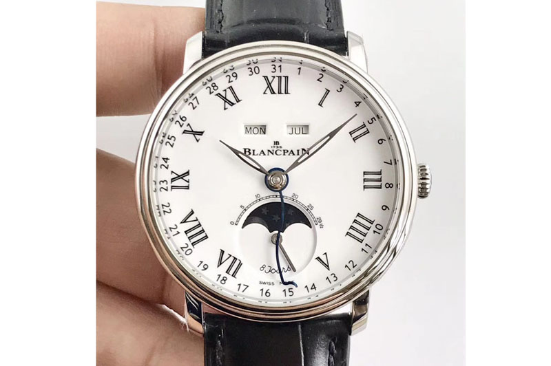 Blancpain Villeret Quantième Complet 8 Jours SS Complicated Function OMF 1:1 Best Edition White Dial on Black Leather Strap A663
